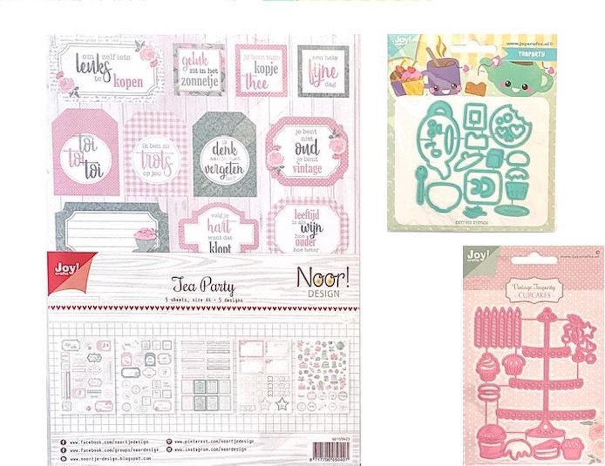 Joy!Crafts / Teaparty Set / Stans-embosmall - Noor-Teaparty Etagere / Stansmal - Jocelijne - Thee-party / Labelvellen/knipvel  - Noor - Tea Party A4 - 1 knip-/4 labelvellen -190/240 gr / 3 Artikelen in 1 Set