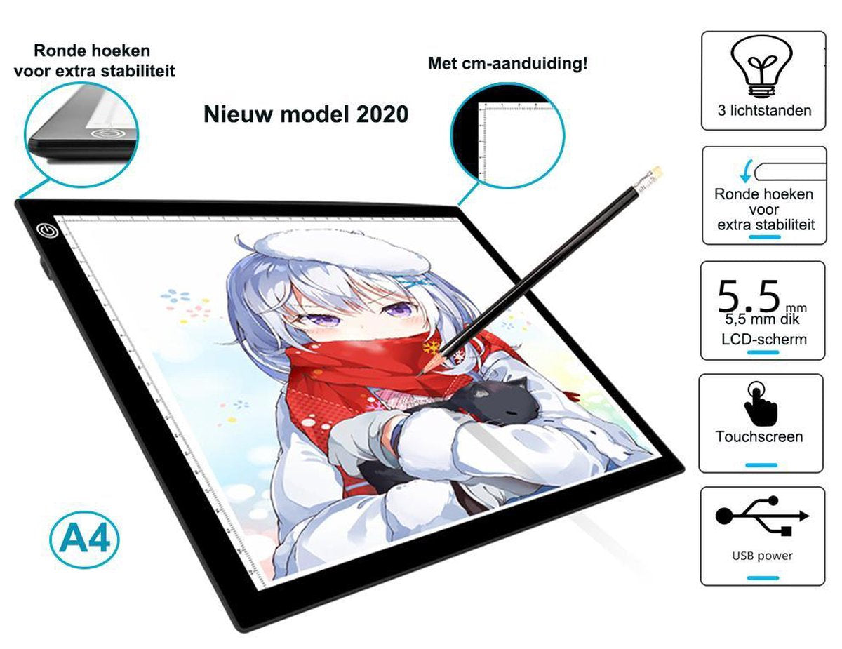 Ultradunne LED Lightpad A4 dimbaar - lichtbak - Ronde hoeken en CM verdeling - diamontpainting