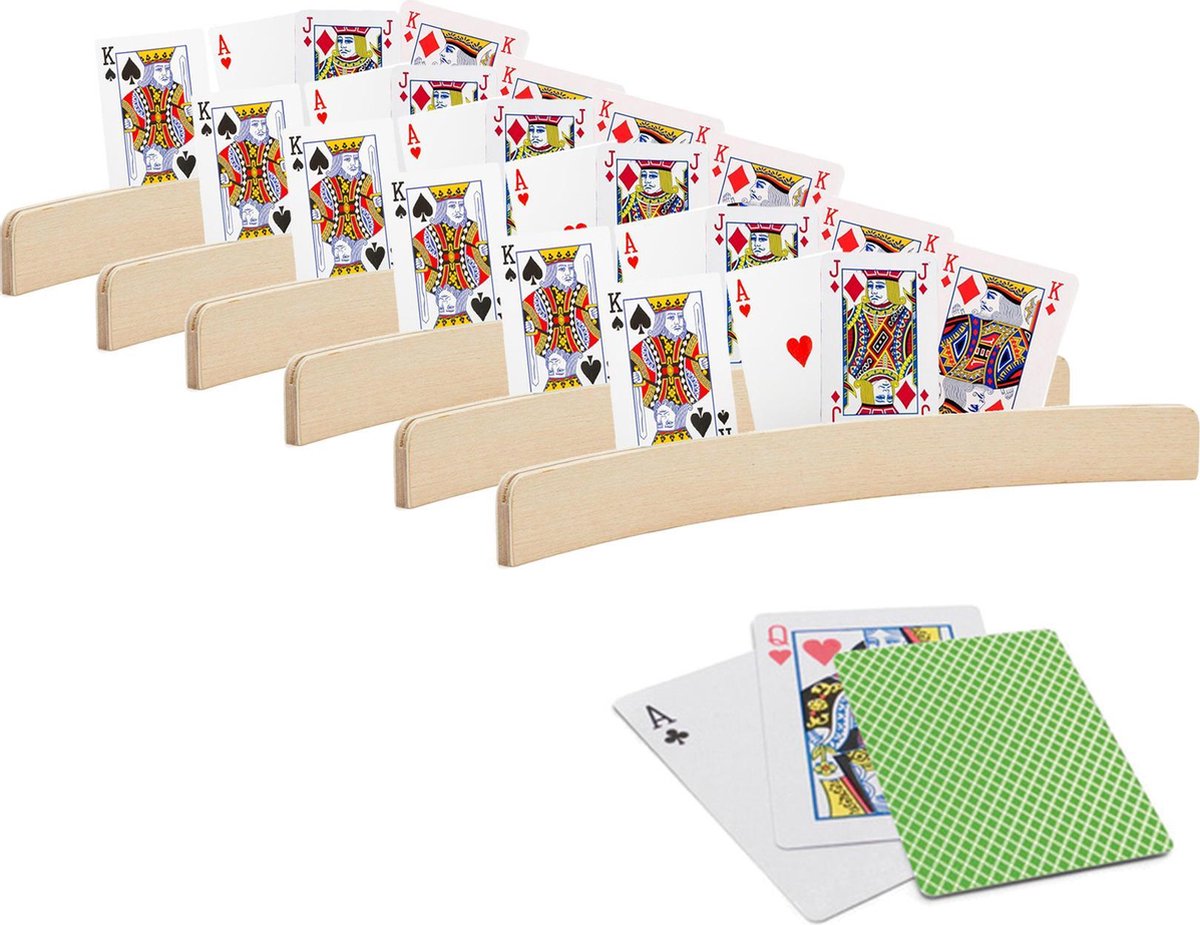 6x stuks Speelkaarthouders - inclusief 54 speelkaarten groen geruit - hout - 35 cm - kaarthouders