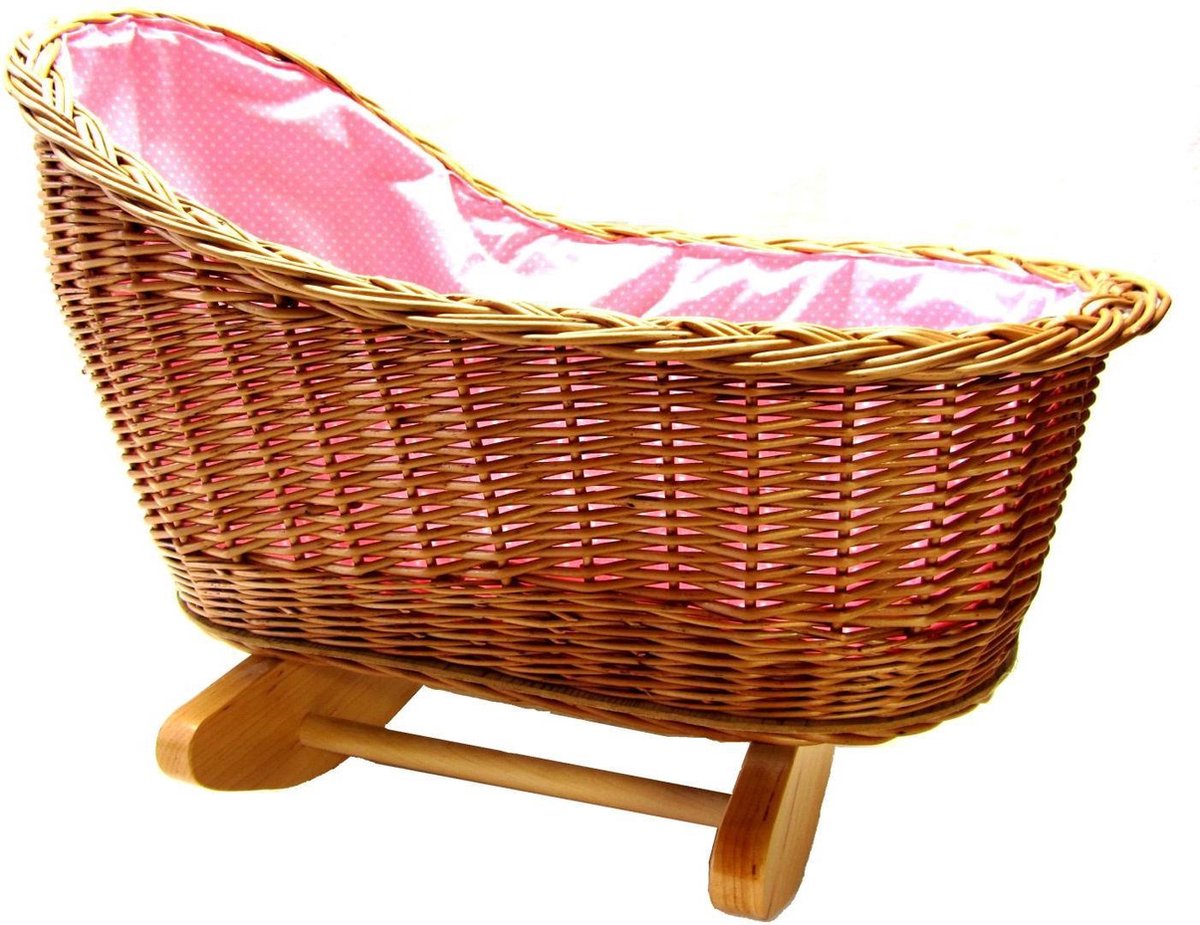 Rieten poppenwieg met roze beddengoed