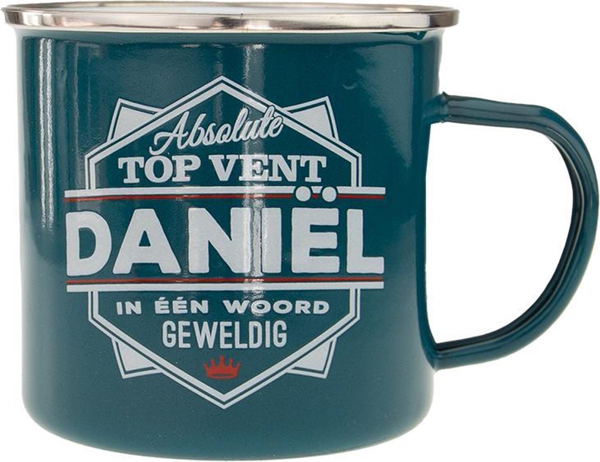 Mok - Top vent - Daniël - Geëmailleerd - Gevuld met verpakte Sorini bonbons - In cadeauverpakking