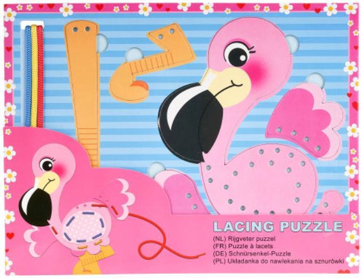 Rijgveter puzzel flamingo roze met 3 kleuren veter rood - geel- blauw