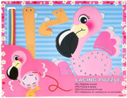 Rijgveter puzzel flamingo roze met 3 kleuren veter rood - geel- blauw