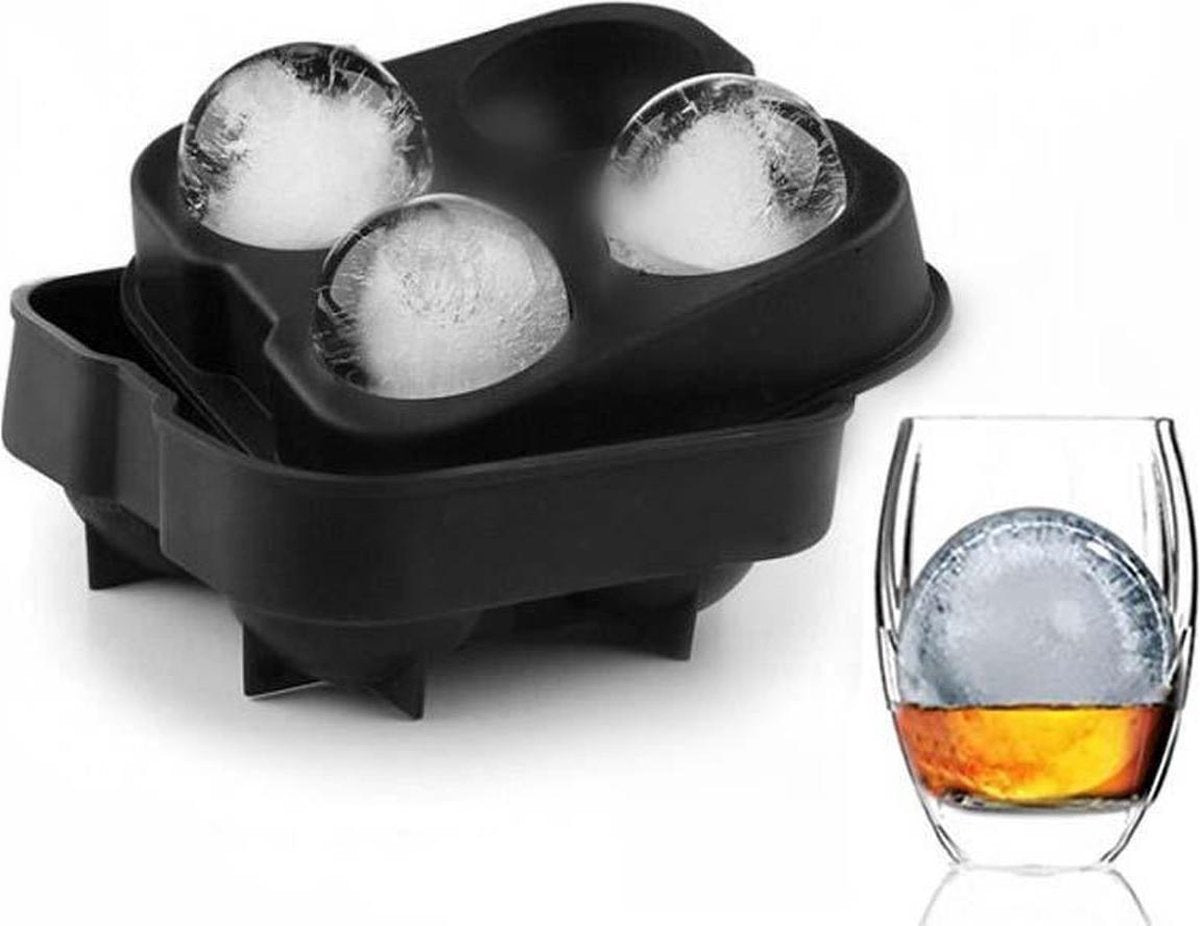 LOUZIR Whiskey Ice Cube Ijsblokjes – Ijsklontjes vorm rond siliconen – Ijsballen vorm – 4 ballen - Met deksel - Zwart