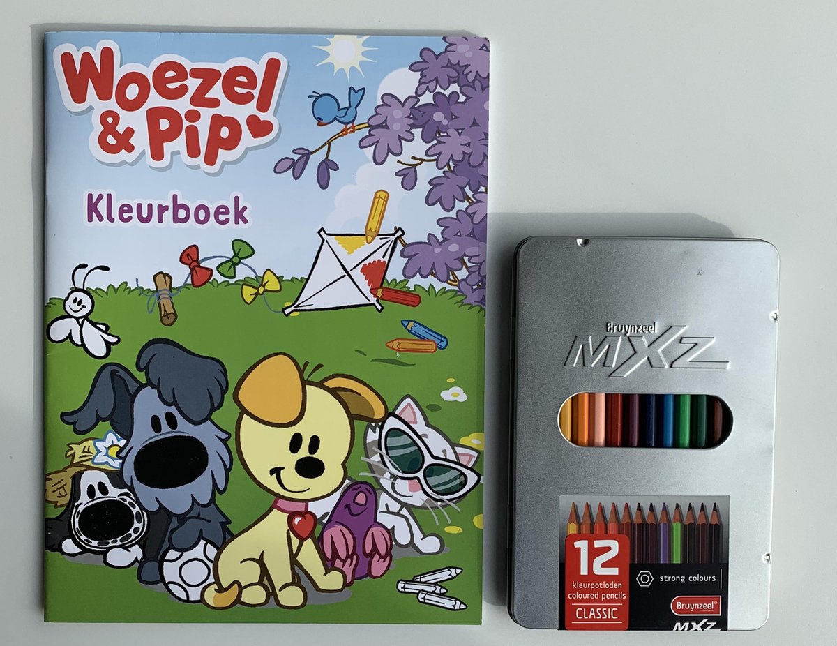 Woezel & Pip Kleurboek + 12 Bruynzeel kleurpotloden in blik