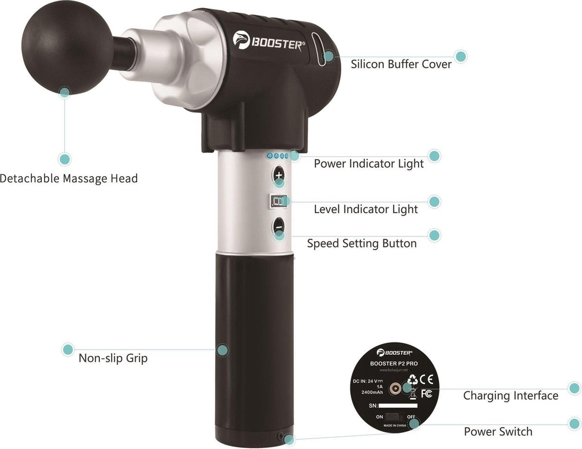 Massage Gun - BOOSTER Pro 2  – 2 jaar garantie - Nederlandse leverancier - Tot 3400 rpm - 9 standen - Heel stil - Massage apparaat- Rug Massage – Schouder Massage – Nek Massage – Sport Massage – Klopmassage - Triggerpoint - Zelf Massage