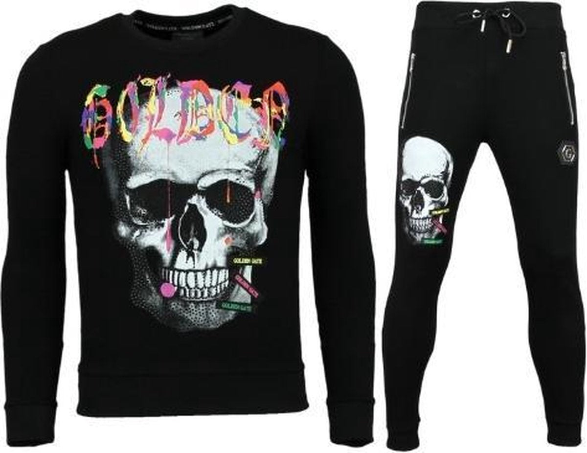 ENOS Heren Trainingspakken - Slim fit Joggingpak Mannen- Color Skull - Zwart - Maat: S