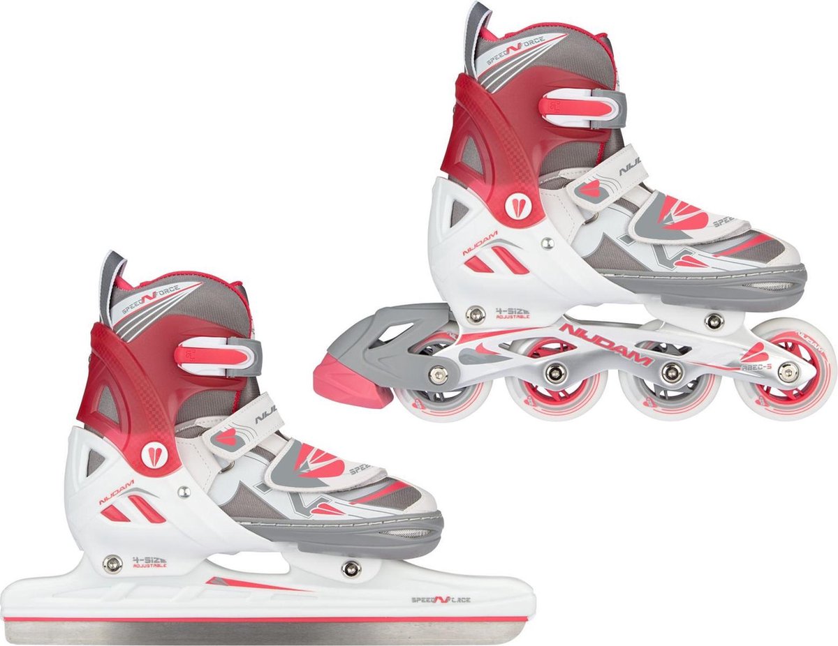 Nijdam Combi Schaatsen/Inlineskates - Maat 29-32 - Unisex - wit/grijs/roze