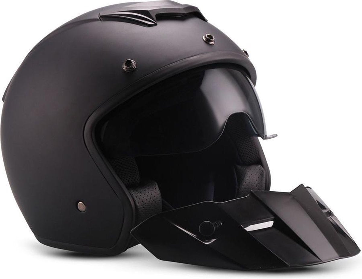 Moto S78 Mat Black Jethelm politie helm voor scooter of motor met zonneklep L Large hoofdomtrek 59 / 60 cm