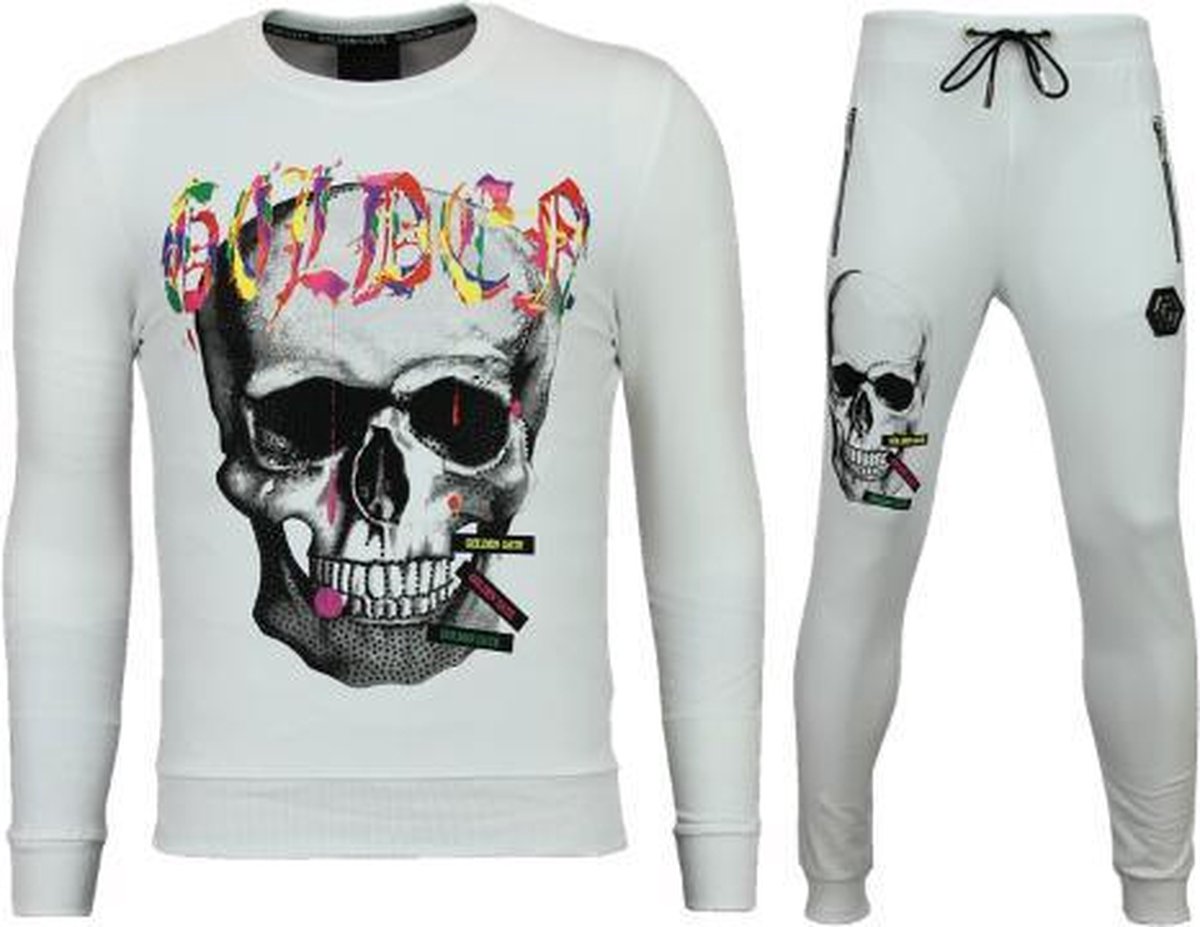 ENOS Skinny Trainingspak Heren - Joggingpak Mannen Goedkoop - Color Skull - Wit - Maat: L