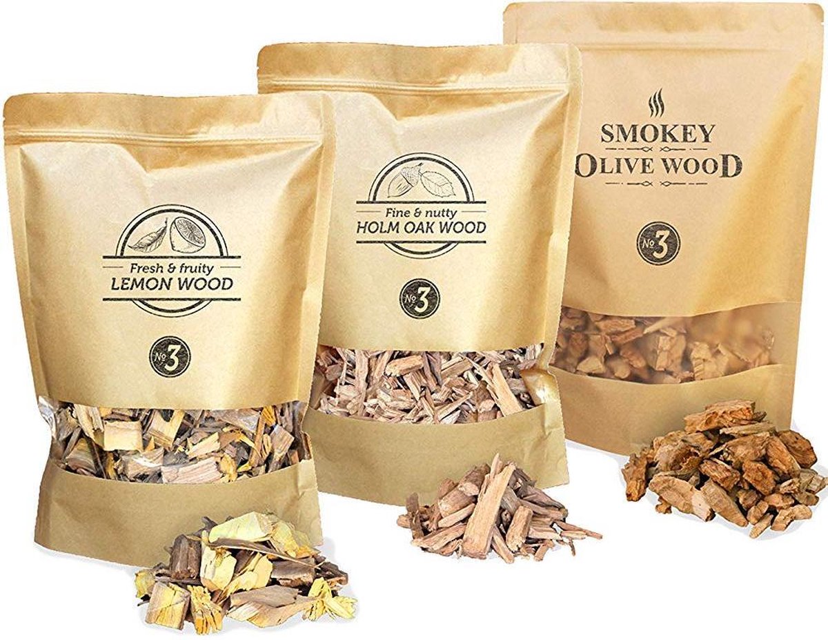 Smokey Olive Wood – 3x 1700ml Houtsnippers - Olijfhout - Citroenhout - Steeneik- Rookchips groot ø 2cm-3cm