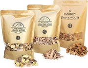 Smokey Olive Wood – 3x 1700ml Houtsnippers - Olijfhout - Citroenhout - Steeneik- Rookchips groot ø 2cm-3cm