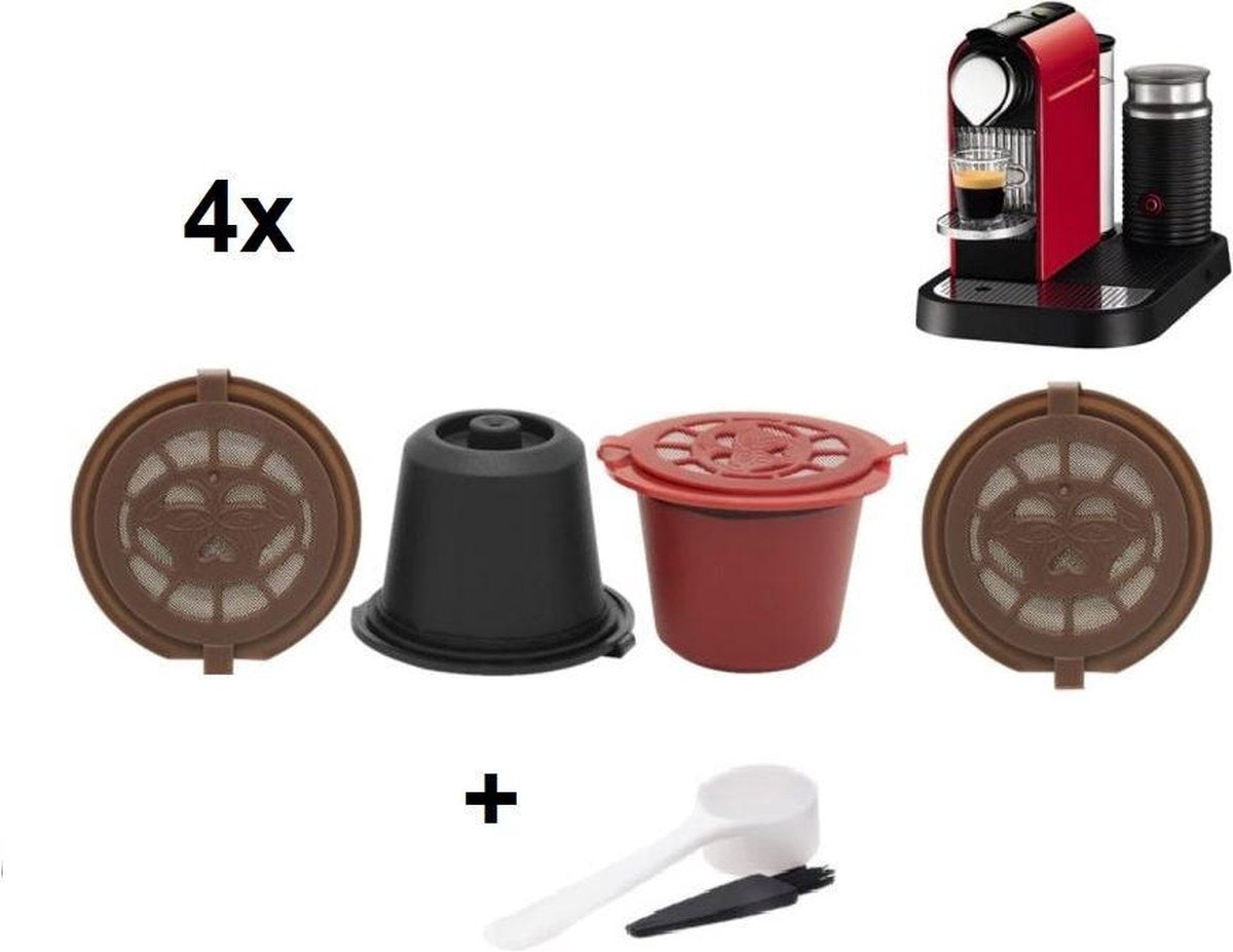 Mersa 4x Herbruikbaar koffiecups met Lepel + borstel 4 kleuren hervulbaar nespresso  koffie capsule
