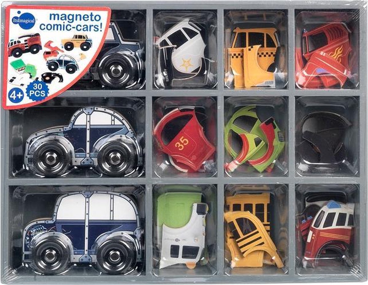 Imaginarium Magnetische Comic Auto's van Hout - Magnetisch Bouwspeelgoed - In Houten Opbergbak - 30 Onderdelen