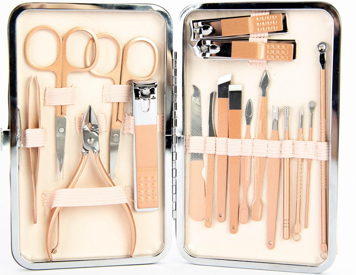 Pulver - Luxe Manicureset / Pedicureset met Lederen Opbergetui - 19 Delig - Pedicure Set - Manicure Set - Manicure Sets - Pedicure Sets - Verzorging - Roze