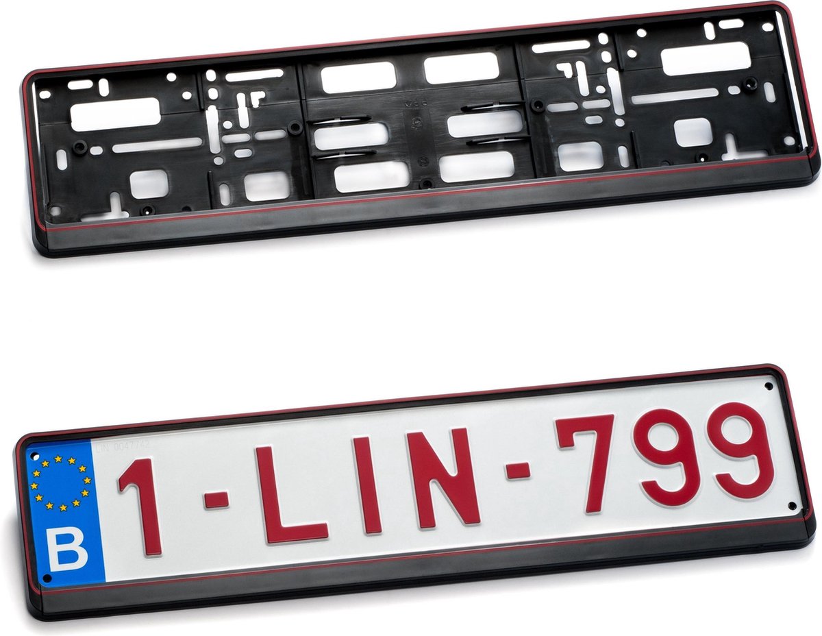 Nummerplaathouder ZWART RODE RAND PP 2-DELIG voor nummerplaat 520x110mm BELGIË‎‎