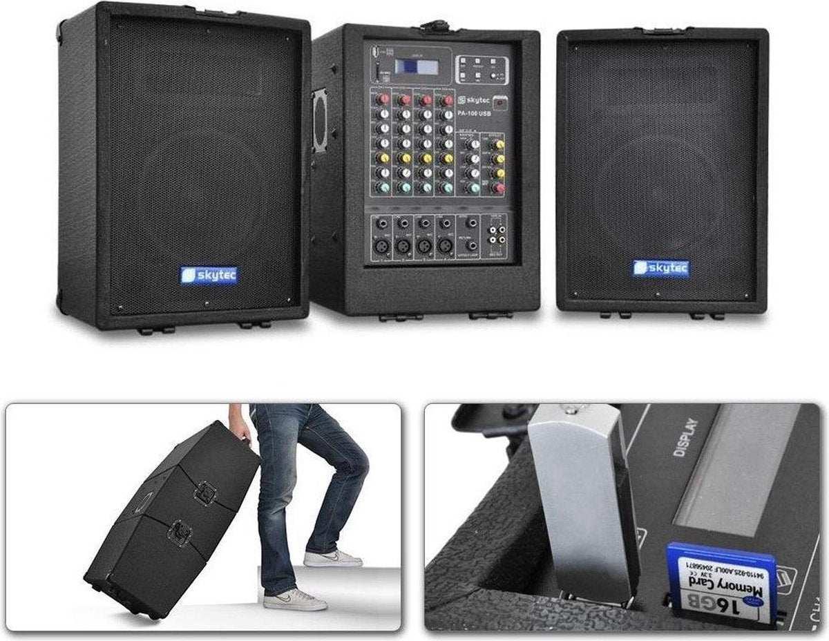 Mobiele geluidsinstallatie - Skytec PA-100USB - 2x 300W - Wieltjes en handvat - Ingebouwde mp3 speler