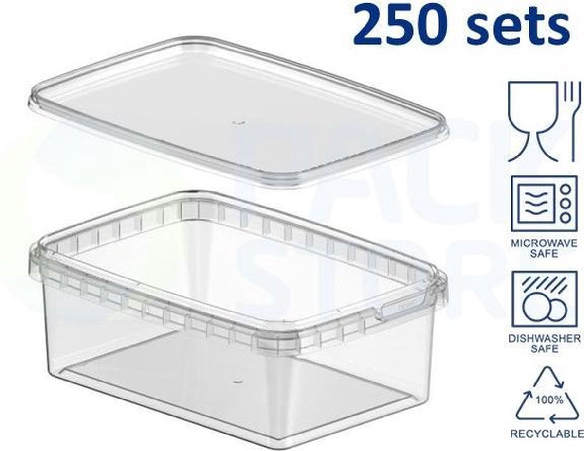 250 x Rechthoekige plastic bakjes met deksel (425 ml) - Transparant - Geschikt voor diepvries