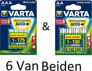 (6 Van Beiden) Varta AA & AAA oplaadbare batterijen Combi aanbieding  800 mAh & 2100 mAh
