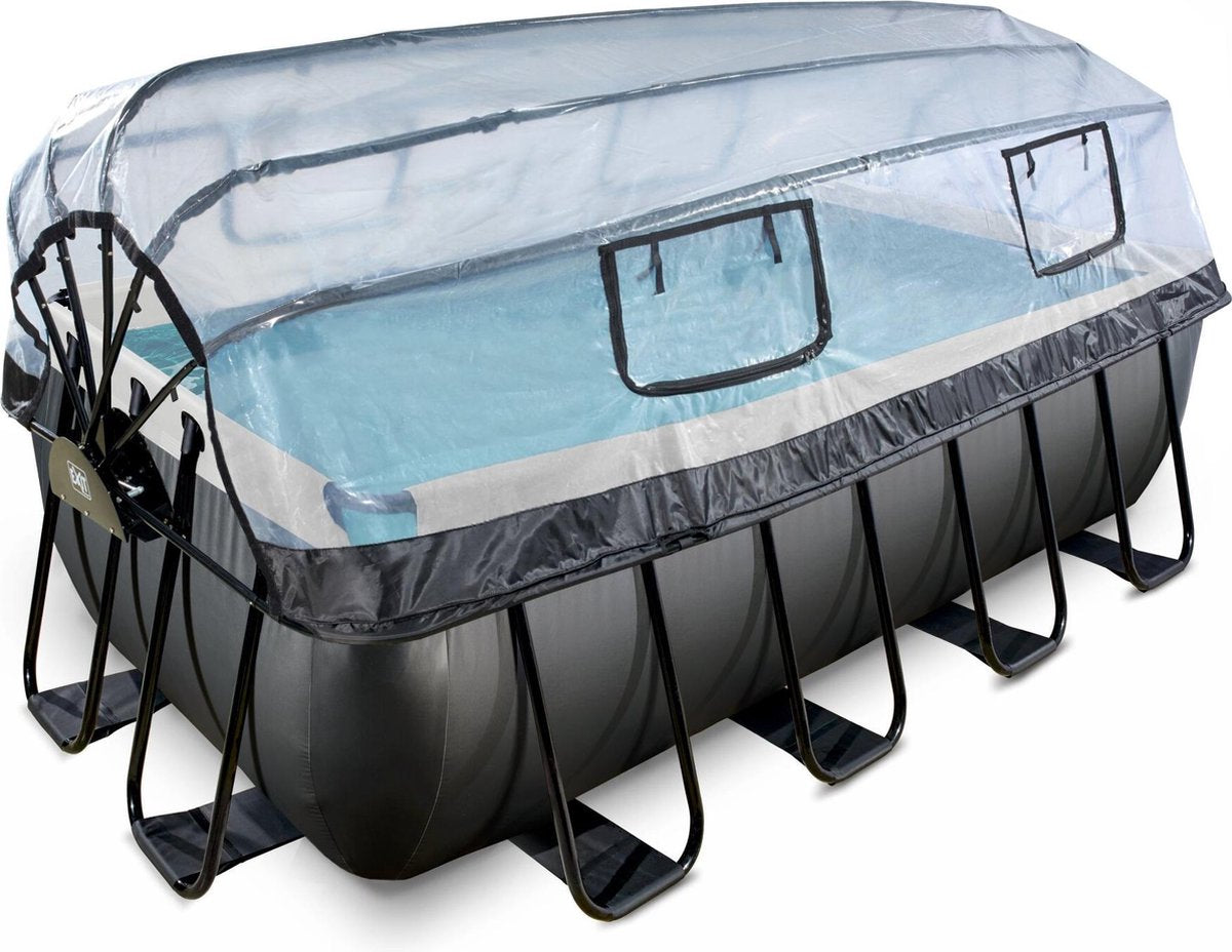 EXIT Black Leather zwembad 400x200x122cm met overkapping en zandfilter- en warmtepomp - zwart