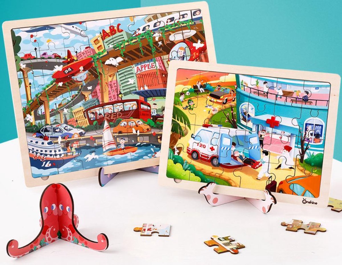 Onshine - Twéé verschillende sets 48 stukjes hoge kwaliteit lasergesneden houten puzzel met leuke standaards - Stad Verkeer & Dieren Speelzaal - kinderpuzzel dieren