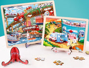 Onshine - Twéé verschillende sets 48 stukjes hoge kwaliteit lasergesneden houten puzzel met leuke standaards - Stad Verkeer & Dieren Speelzaal - kinderpuzzel dieren