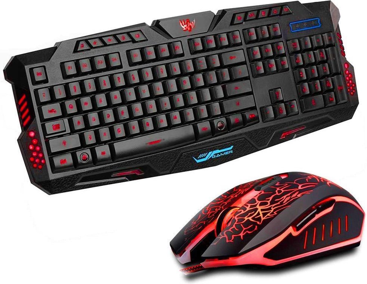 Game Toetsenbord - Gaming Toetsenbord en Muis – Keyboard Qwerty met LED Verlichting MultiColour – Bedraad USB - 2400 DPI