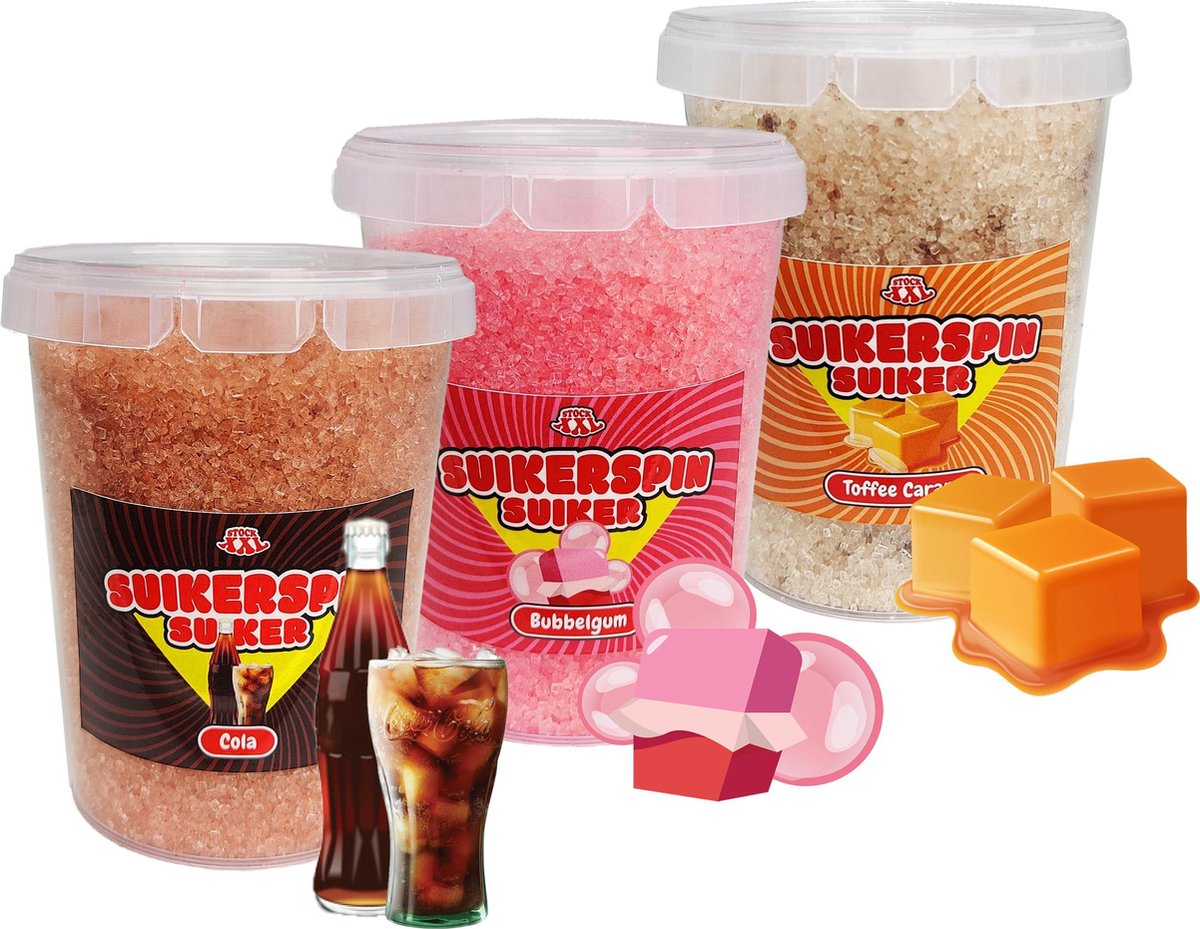 Suikerspin Suiker - Cola - Bubbelgum - Caramel - 3 potten x 400 gram