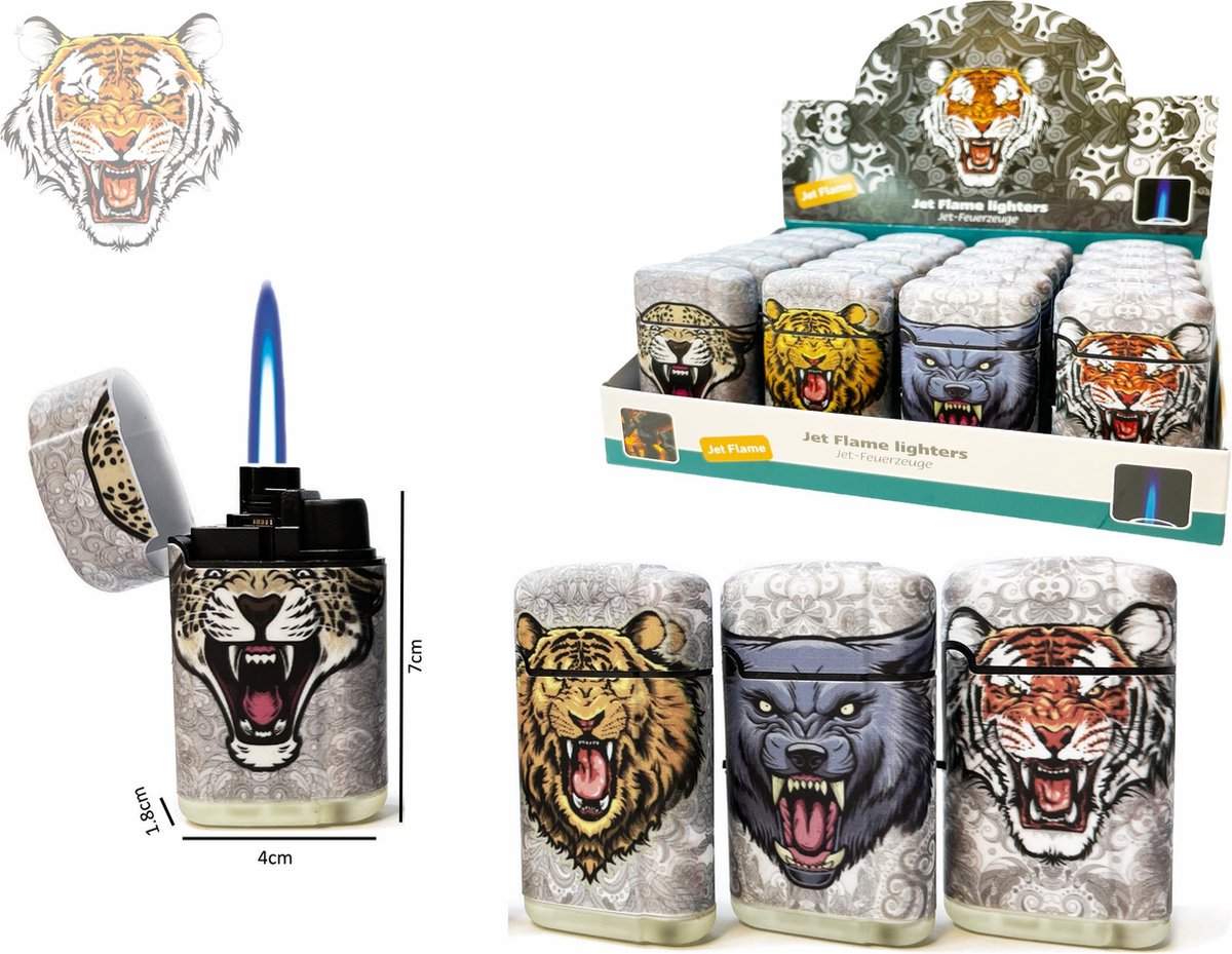 Jet Flame aanstekers - turbo aansteker - 20 stuks in display - 360° Tijger print - soft touch
