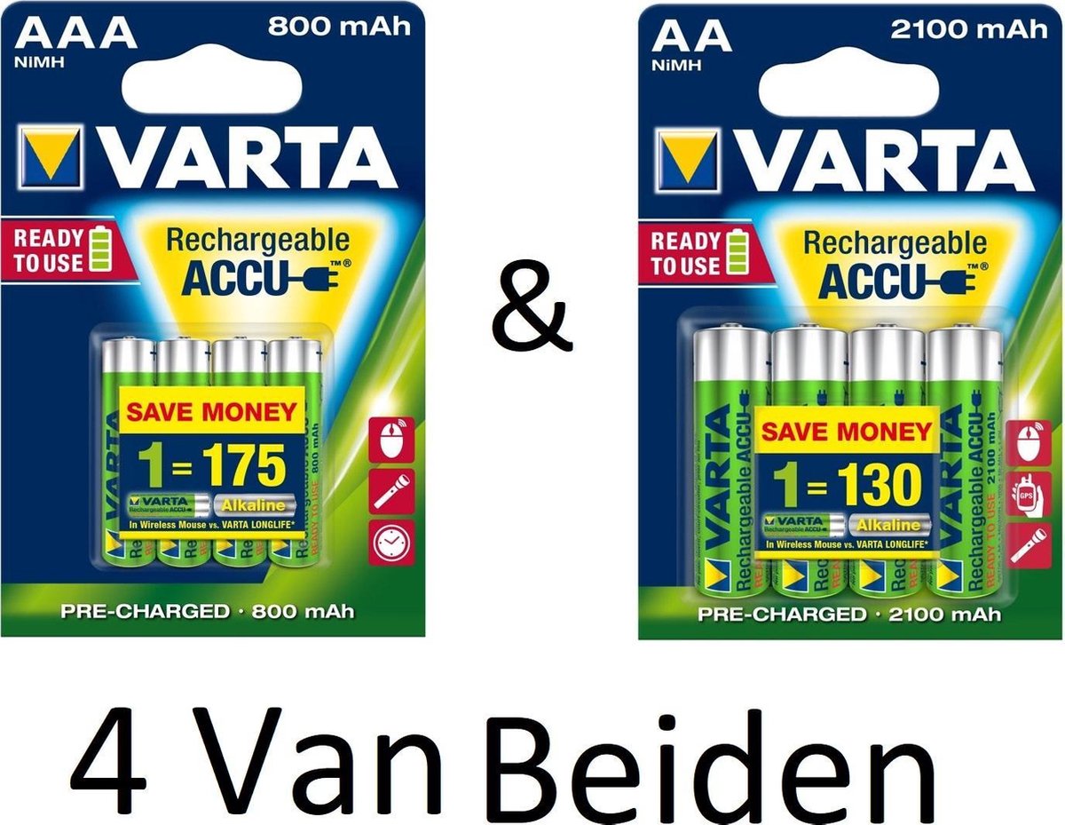 (4 Van Beiden) Varta AA & AAA oplaadbare batterijen Combi aanbieding  800 mAh & 2100 mAh