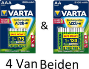 (4 Van Beiden) Varta AA & AAA oplaadbare batterijen Combi aanbieding  800 mAh & 2100 mAh