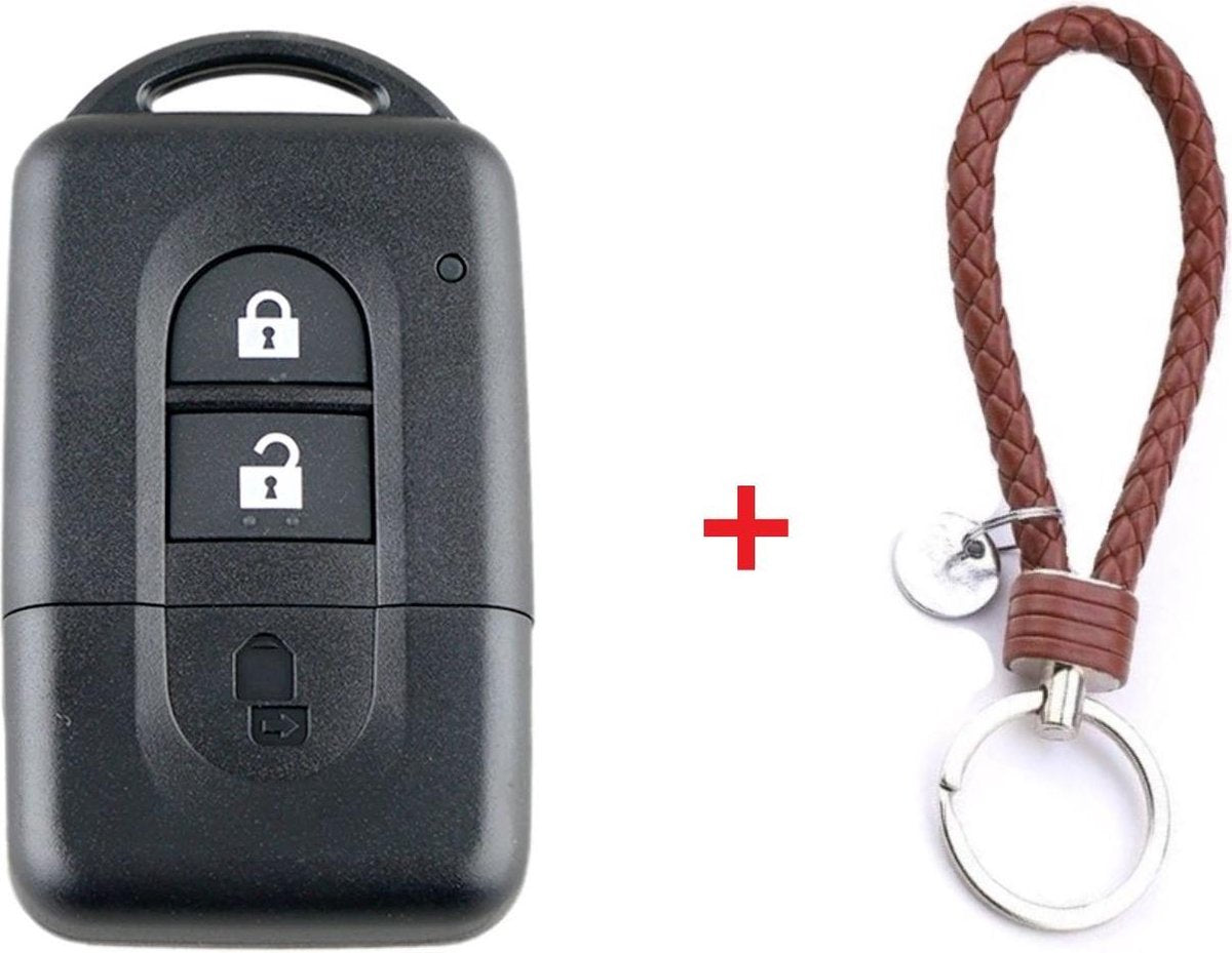 Autosleutel 2 knoppen geschikt voor Nissan sleutel NSN14R14 / Nissan Micra / X-Trail / Nissan Qashqai / Nissan Note/ Nissan juke / Nissan Parthfinder / Nissan sleutel + gevlochten bruin PU-lederen sleutelhanger.