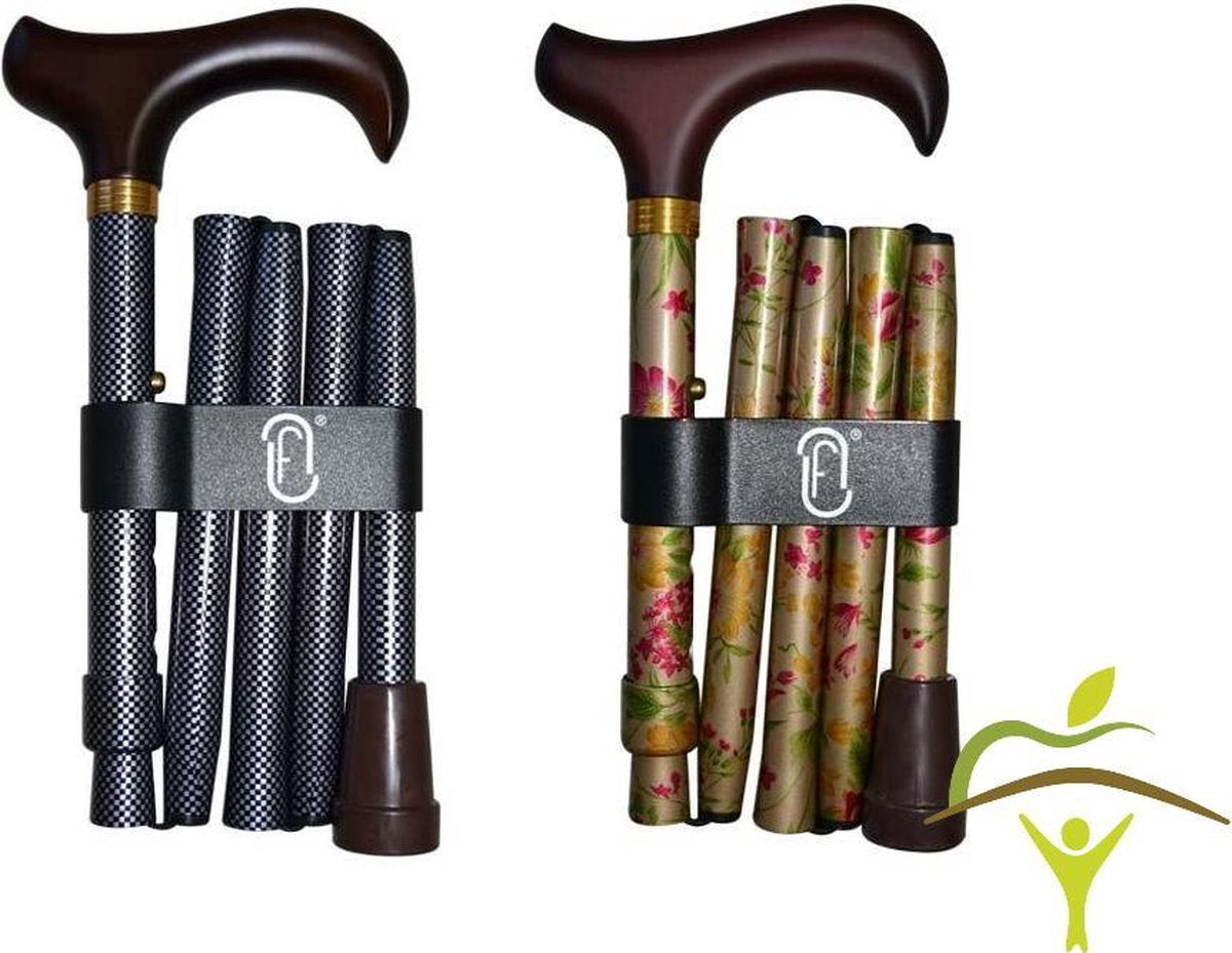 Finna wandelstok plooi- en verstelbaar houten of metacryl handvat: goudkleurig met bloemen