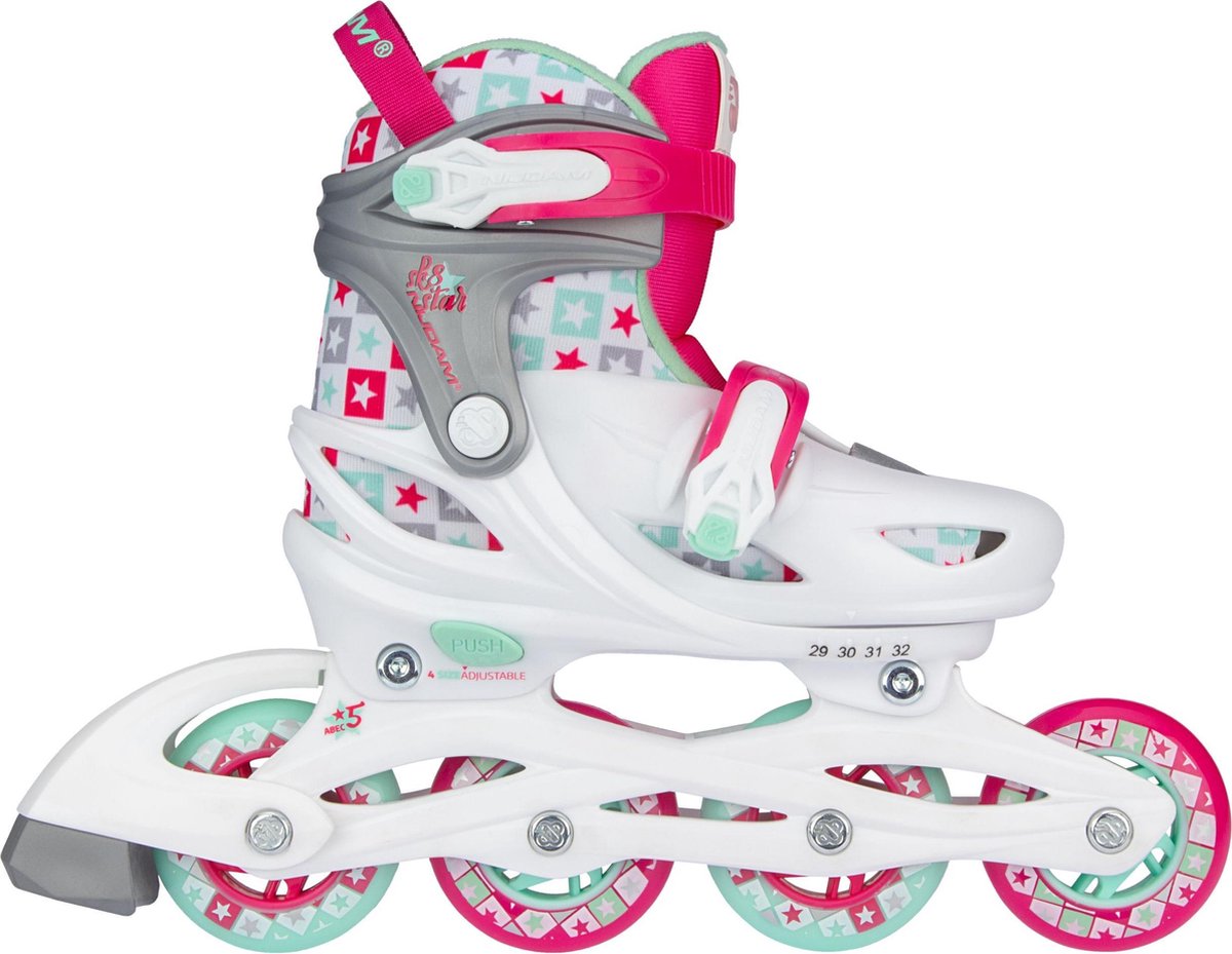 Nijdam Inline Skates Verstelbaar - Sk8 Star - Wit/Fuchsia/Mintgroen/Zilvergrijs - 25-28