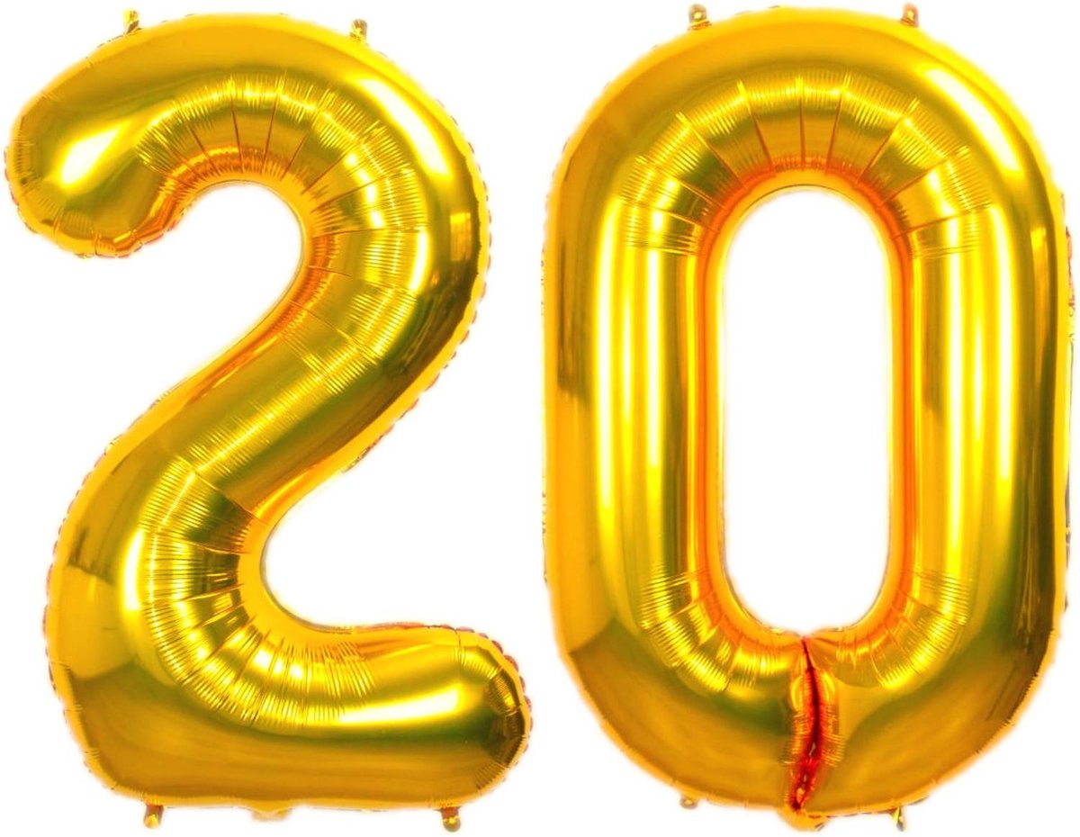 Folie Ballon Cijfer 20 Jaar Goud 86Cm Verjaardag Folieballon Met Rietje
