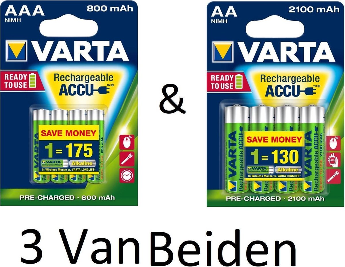 (3 Van Beiden) Varta AA & AAA oplaadbare batterijen Combi aanbieding  800 mAh & 2100 mAh