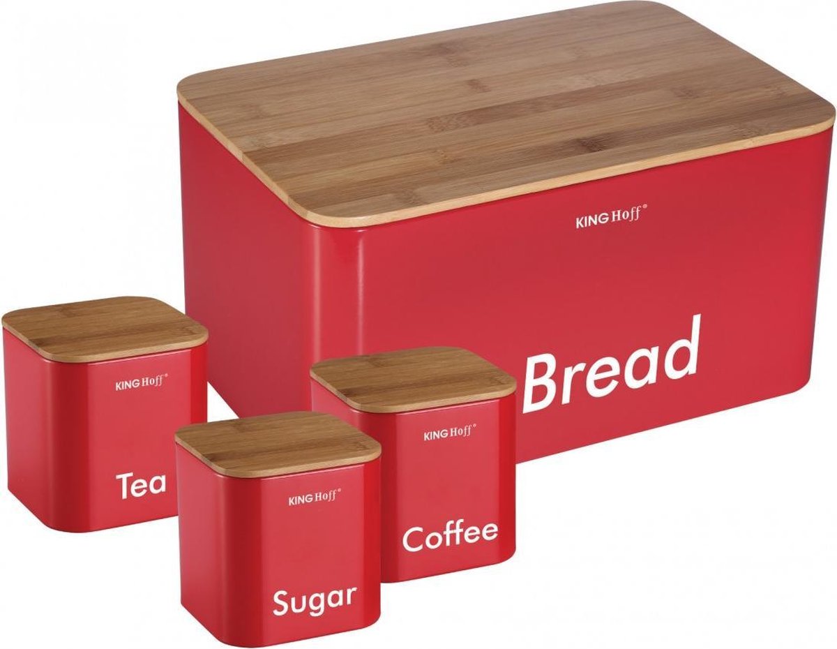 Kinghoff 1085 - Broodtrommel set - Rood - Rvs met hout - 35x23x18