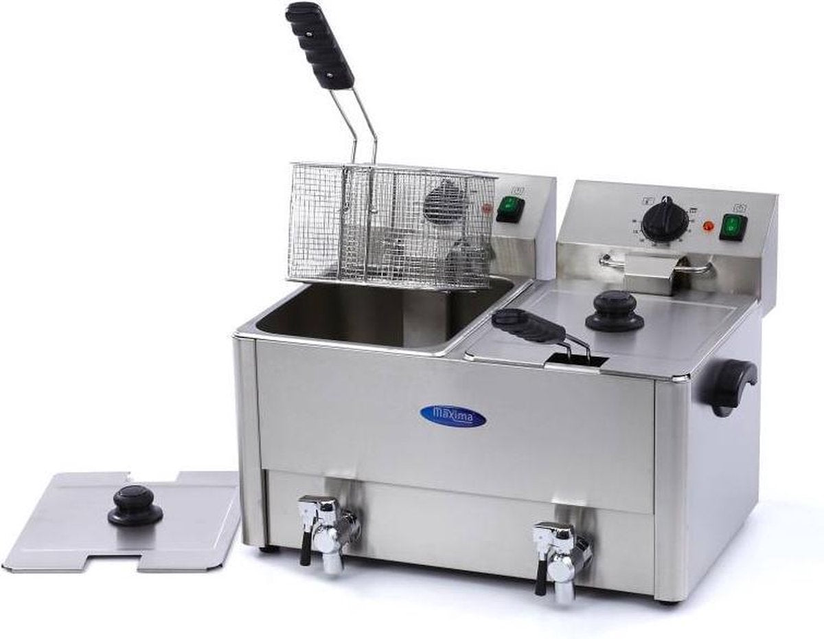 Horeca Frituurpan 2 x 8 Liter - Aftapkraan - RVS - 2 x 1.5 kg Frites - met Koude Zone - Professionele Dubbele Friteuse /  Frietpan - Maxima
