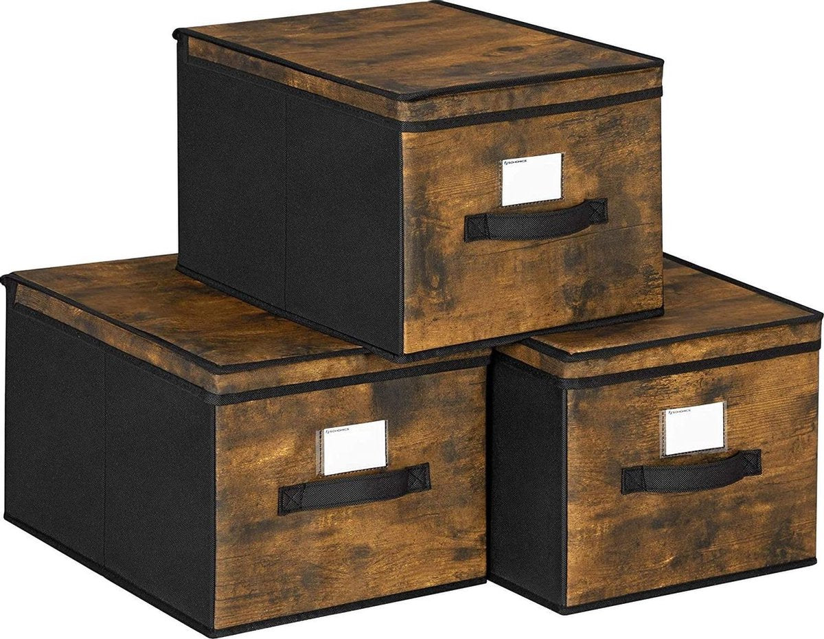 Nancy's Lubbock Opbergdozen - Opvouwbare Dozen - Set Van 3 - Deksel - Labelhouder - Stof - Vintage - Bruin - Zwart - 30 x 40 x 25 cm