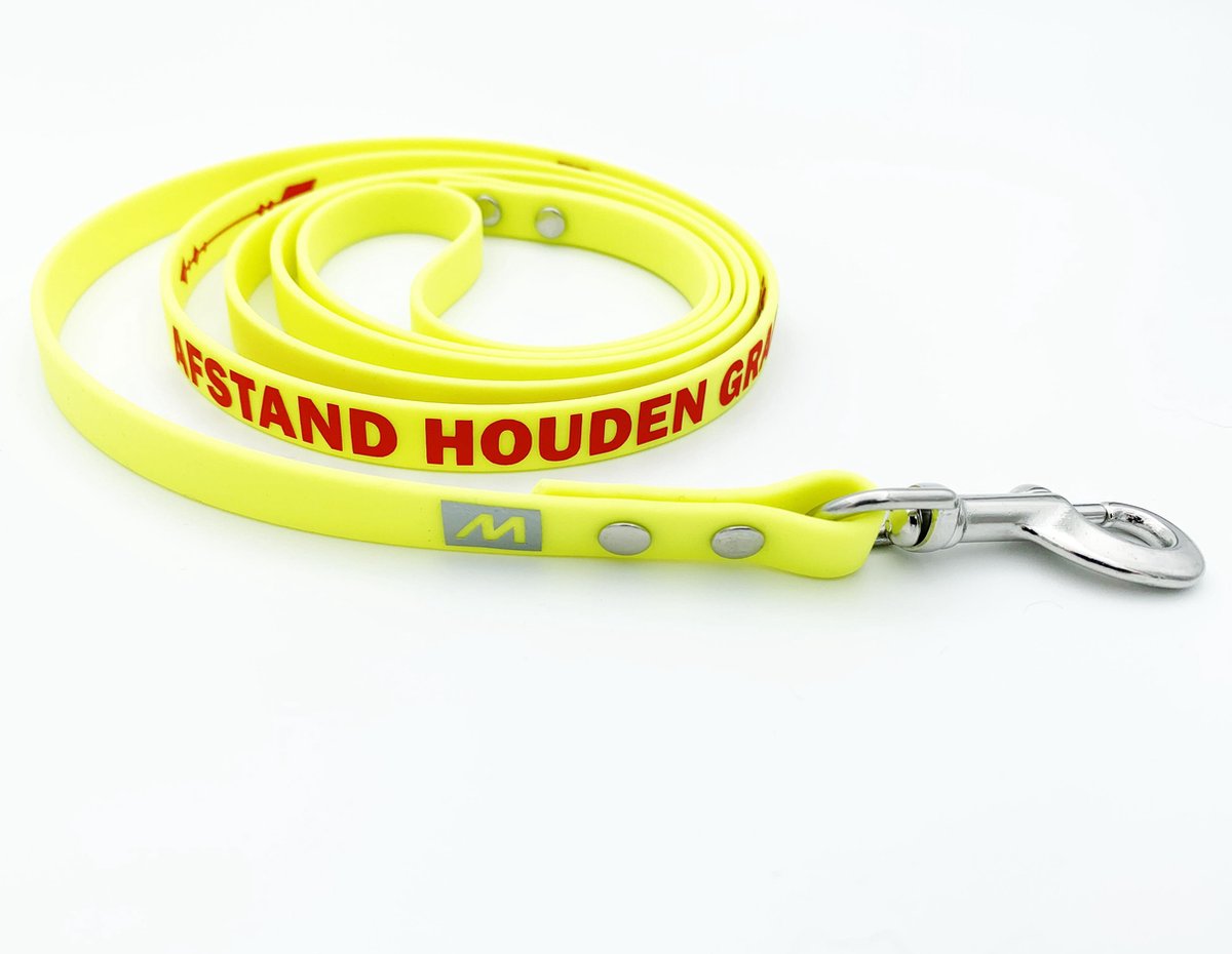 Miqdi BioThane hondenriem – neon geel – 13 mm breed - 2 meter lang - met tekst: afstand houden graag!