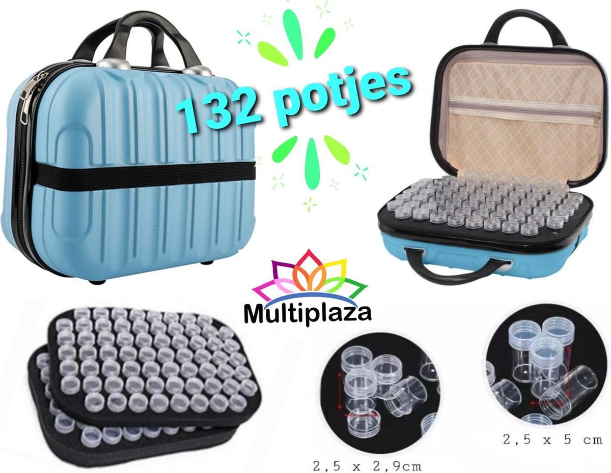 Luxe hardcase sorteerkoffer "MULTIPLAZA" met 132 potjes - BLAUW - hobby - creatief - diamond painting - kralen - glitter - organiseren - opberg