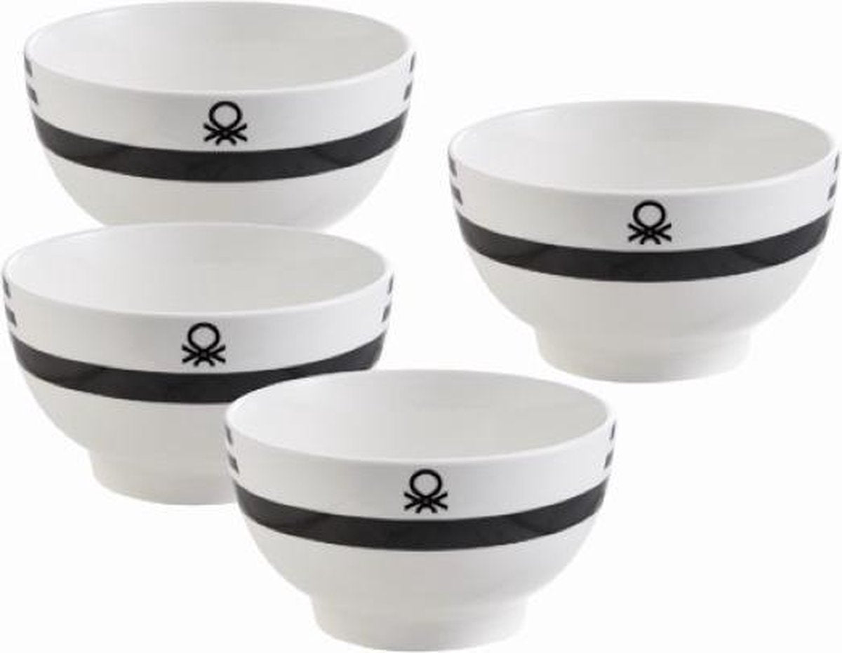 Set 4 stks Bol 650 ml Nieuwe Bone China Design Logo Print Black Benetton House