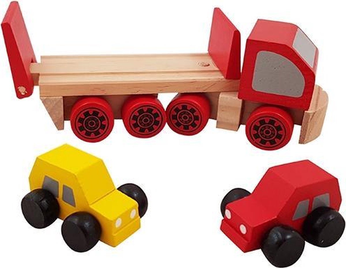 Houten autotransporter met 2 autootjes rood