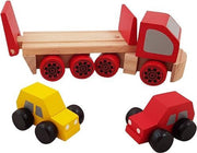 Houten autotransporter met 2 autootjes rood