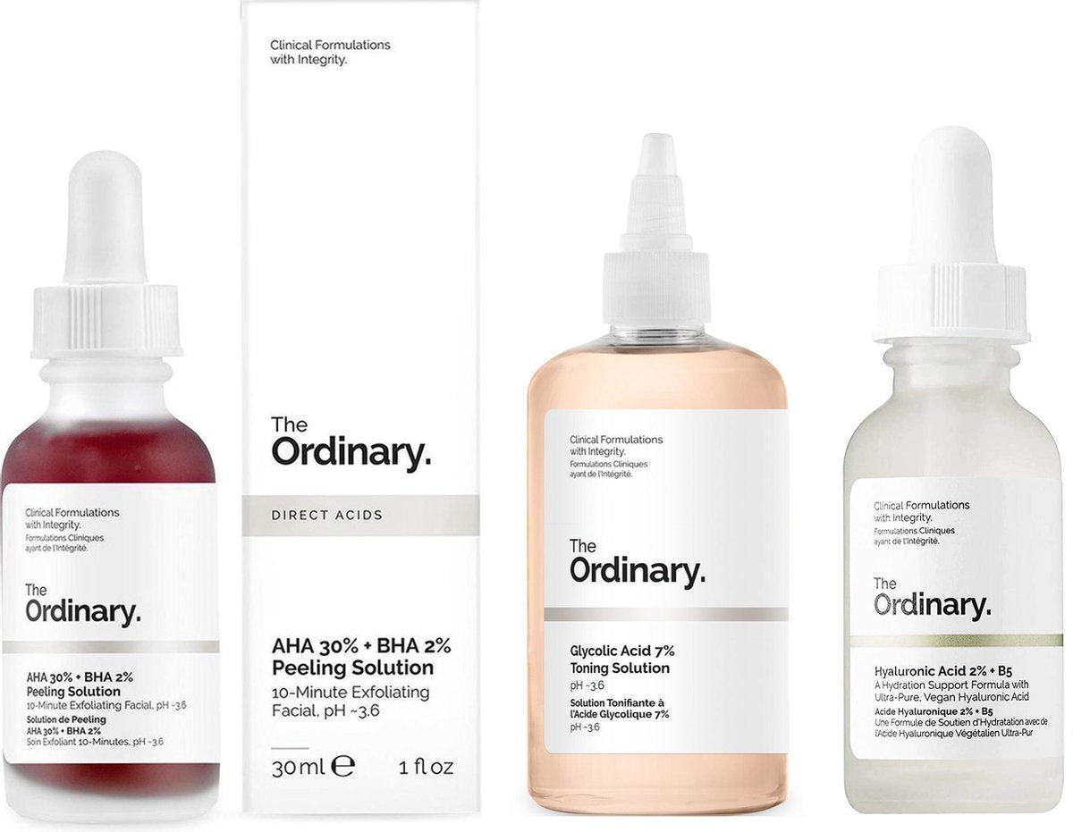 Trio set|The Ordinary |Peeling Solution And Hyaluronic Face Serum| AHA 30% + BHA 2% Peeling Solution | Hyaluronic Acid 2% - B5| Glycolic Acid 7% Toning Solution|Tegen onzuiverheden|Egale huid|Gezichts peeling