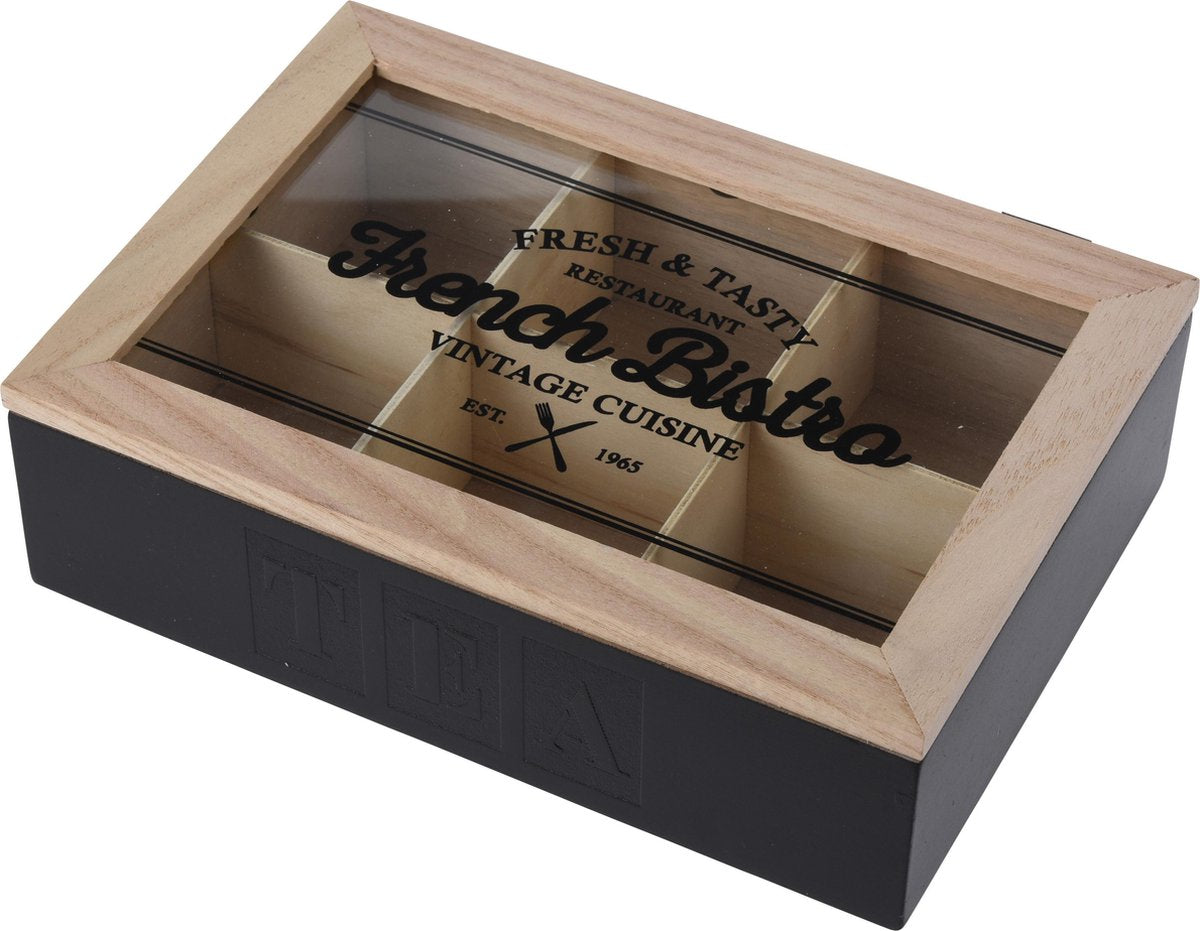 Theedoos - 6 vakjes voor thee - Zwart | Bruin - L24xB17xH7cm