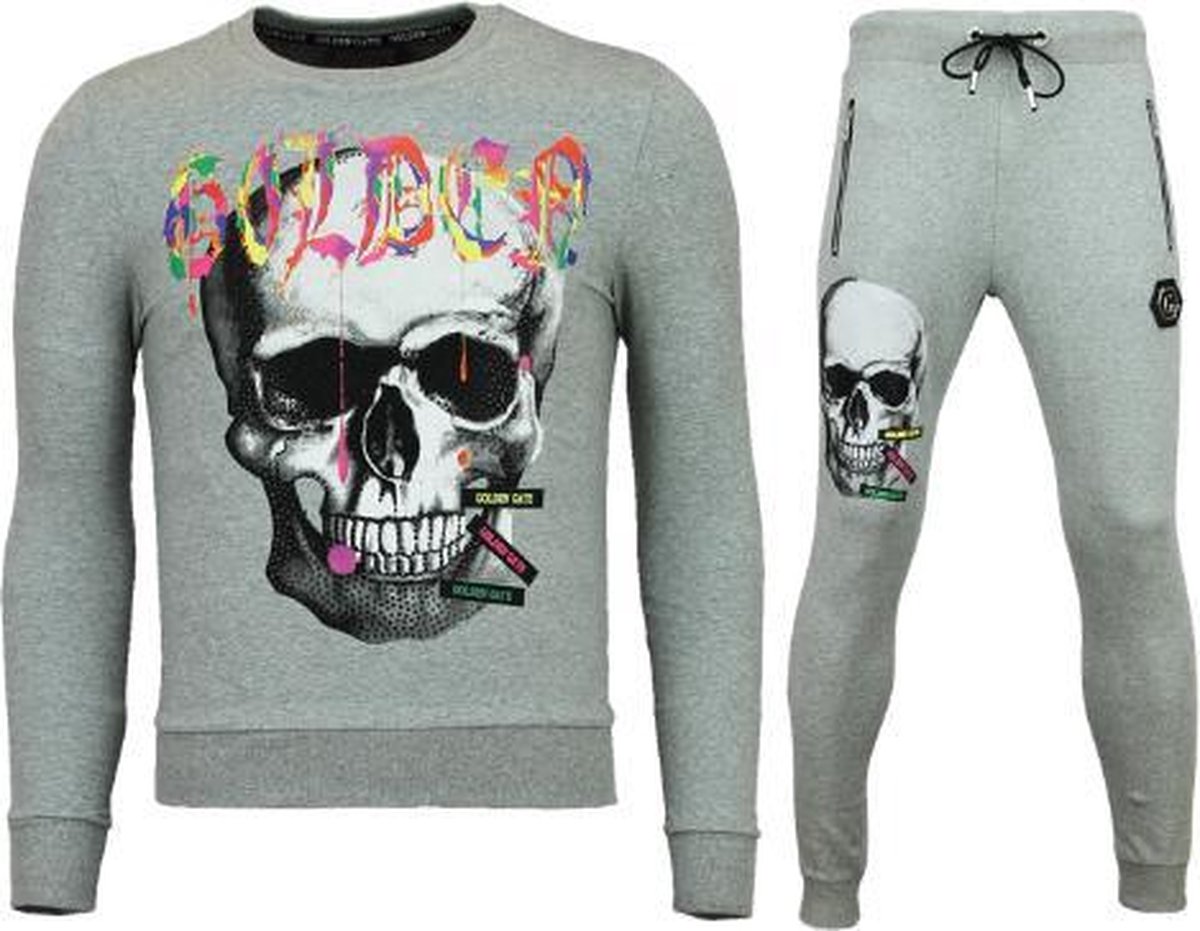 ENOS Goedkope Trainingspakken Heren - Slim fit Mannen Joggingpak - Color Skull - Grijs - Maat: XL