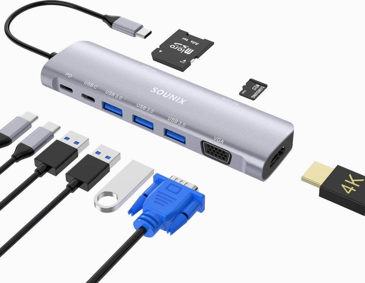 Sounix 9 in 1 USB-C Hub-9 poorts met HDMI 4K@30HZ - USB 3.0- VGA - Ethernet aansluiting Space Grey-Docking Station