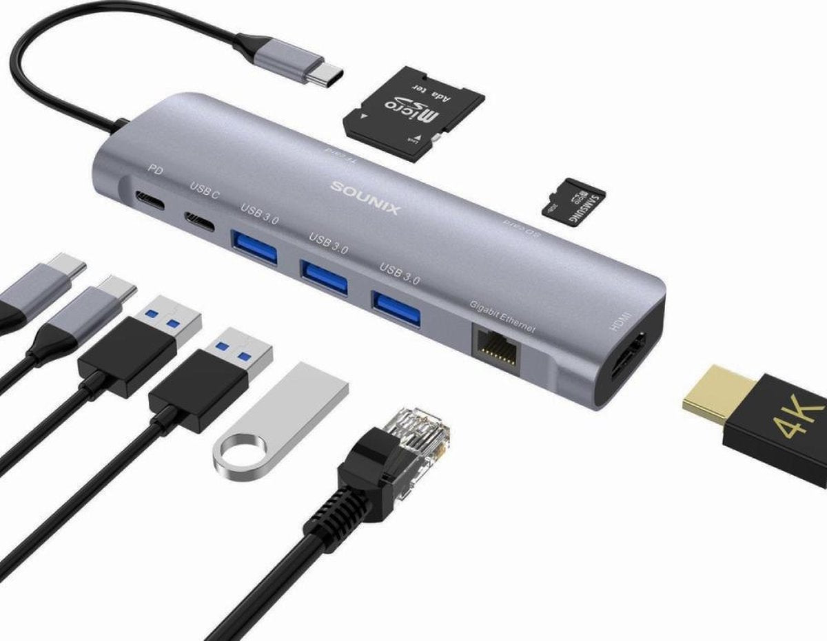 Sounix 9 in 1 USB C HUB met stroomtoevoer - HDMI 4K@30Hz - PD Charging- 3x USB 3.0 - Lan - SD -micro SD