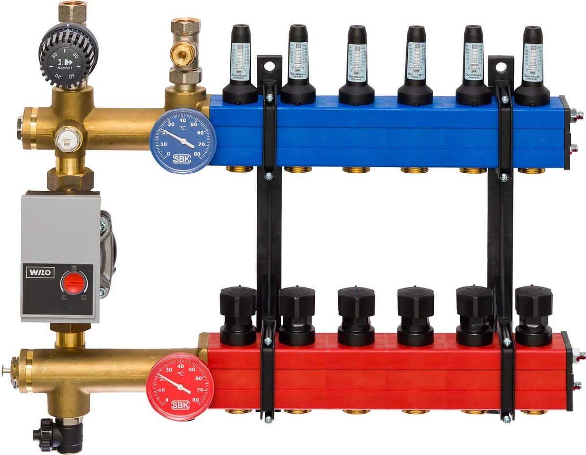 Komfort SBK 4801 verdeler vloerverwarming bovenaansluiting met debietmeter 6 groeps